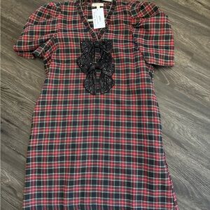 Shop Stevie Red and Green Plaid Midi Dress with Black Lace Detail